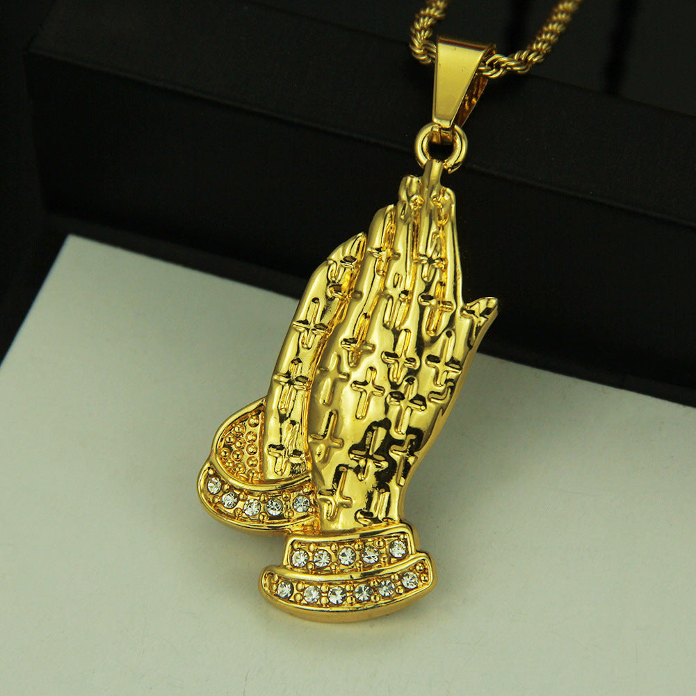 Wholesale Hip Hop Domineering Punk Buddha Hand Diamond Pendant Men's Alloy Necklace